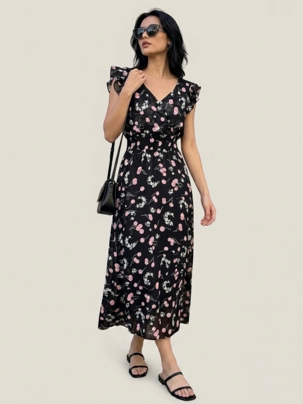 Vintage Romantic Maxi Dress Sz S Cherry Print Ruffle Pin Up Coquette Retro